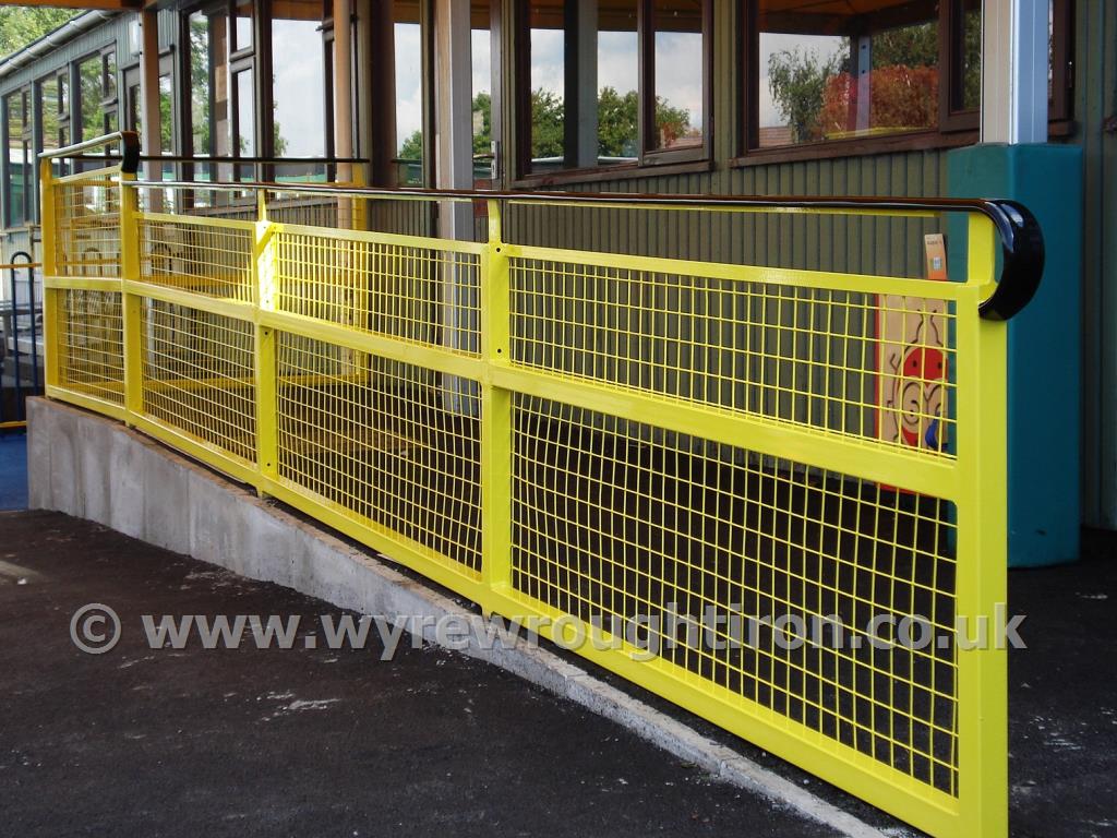 Handrails created for a school in Weeton, near Kirkham. Fitted with a wire mesh infill for safety and Marley handrail capping for easy grip.
